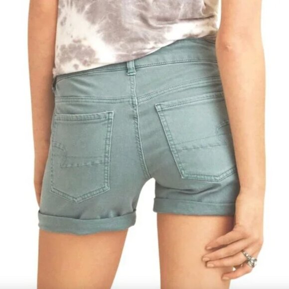 American Eagle Size 0 Teal Green Blue AEO Twill X Super Stretch‎ Midi Shorts - Picture 2 of 7